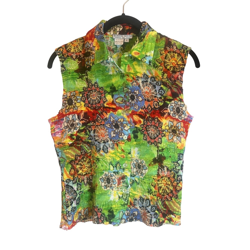 Alberto Makali Womens Medium Multi Color Floral Crinkle‎ Pleated Sleeveless Top